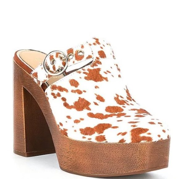 Gianni Bini Sotelo Cow Print Calf Hair Buckle Detail Platform Clogs - Picture 1 of 5